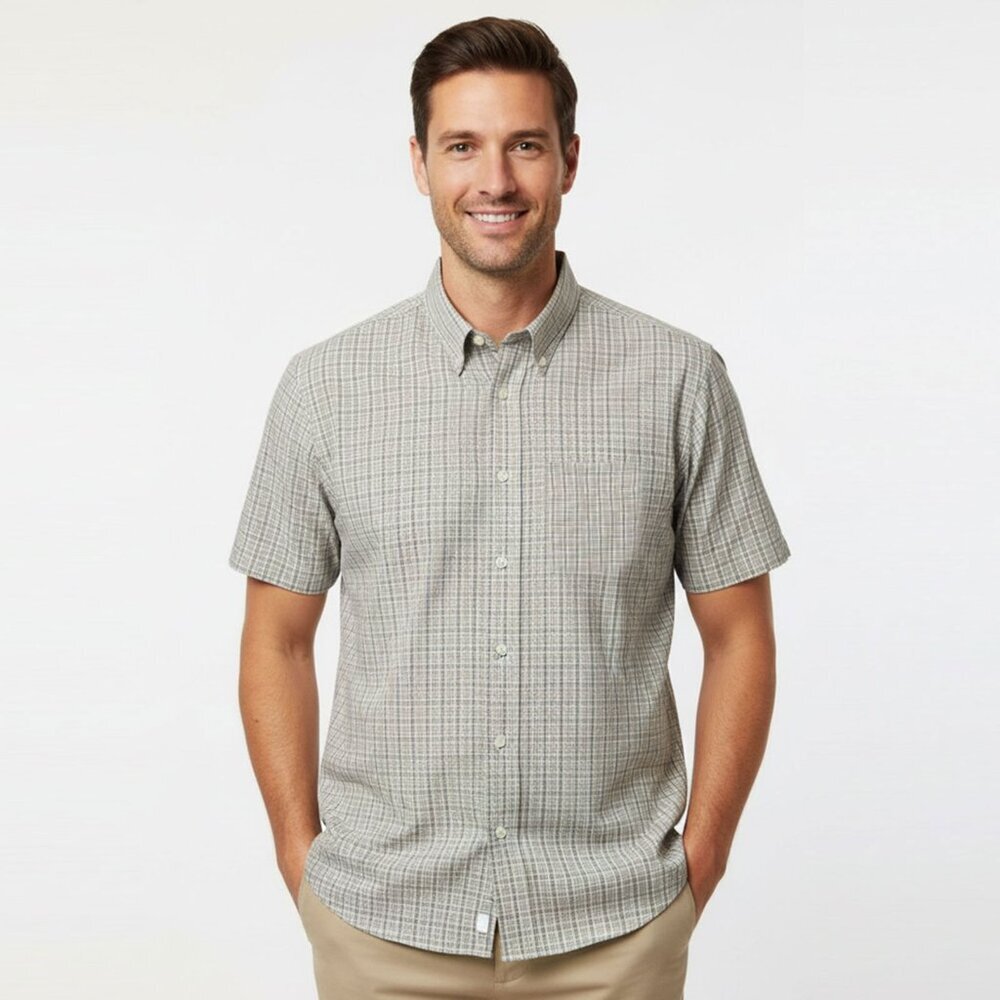 Kent Arrow Check Short Sleeve Button Down Shirt Plaid White Tan Blue Preppy Top